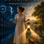 Book cover for Environmental Coherence: Rethinking Our Footprint in the Age of AI. A thoughtful young woman stands barefoot between two worlds, holding a smartphone in one hand and a lantern in the other. One beam of light illuminates an AI landscape of circuitry and data centers, while the other illuminates a natural landscape with a cow, pig, and chicken. The image symbolizes attention, stewardship, and the comparison of technological and environmental impacts.