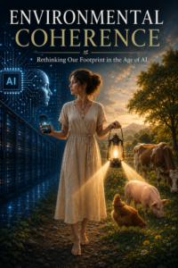 Book cover for Environmental Coherence: Rethinking Our Footprint in the Age of AI. A thoughtful young woman stands barefoot between two worlds, holding a smartphone in one hand and a lantern in the other. One beam of light illuminates an AI landscape of circuitry and data centers, while the other illuminates a natural landscape with a cow, pig, and chicken. The image symbolizes attention, stewardship, and the comparison of technological and environmental impacts.