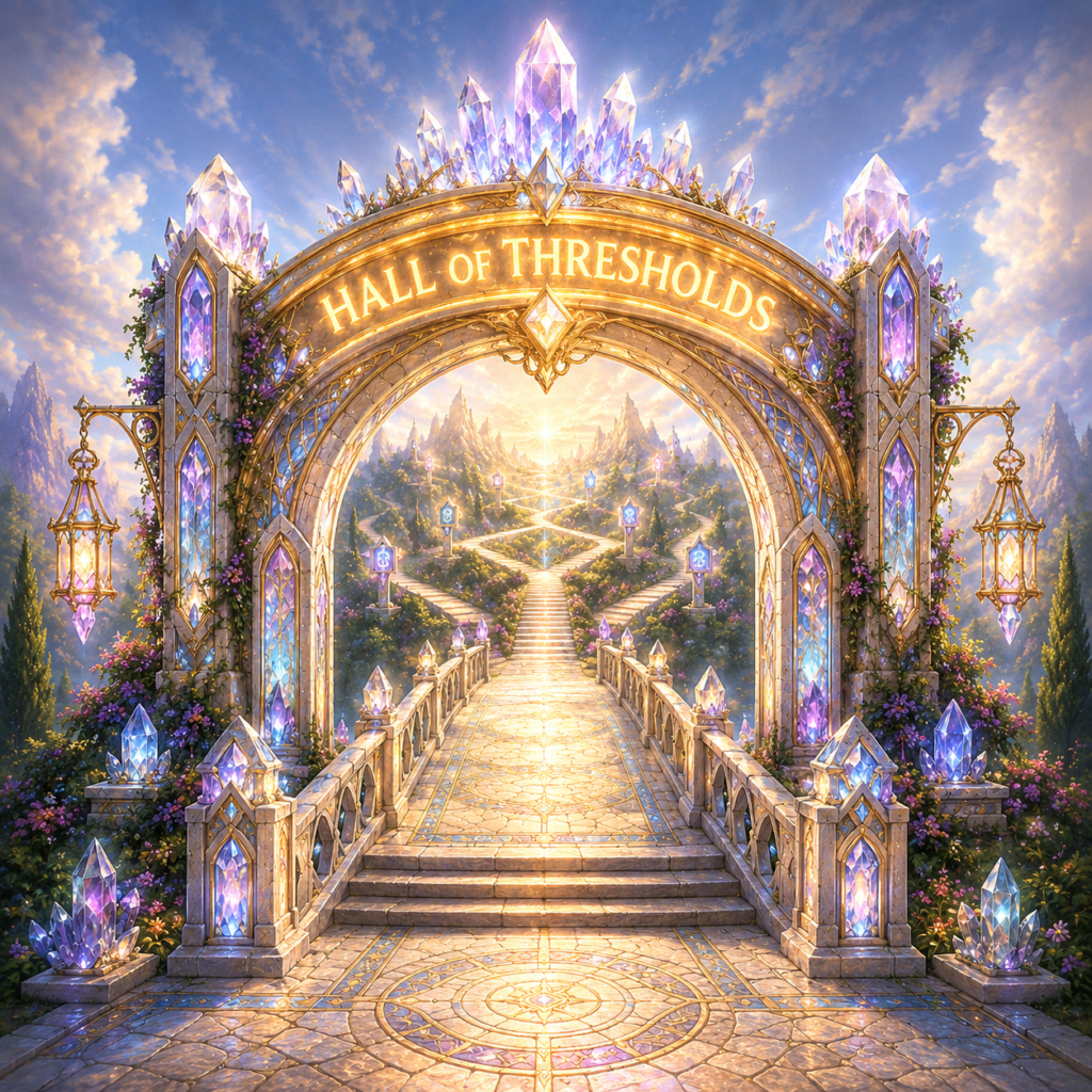 A luminous crystal gateway marked Hall of Thresholds, opening onto multiple pathways leading toward distant horizons and possibilities.